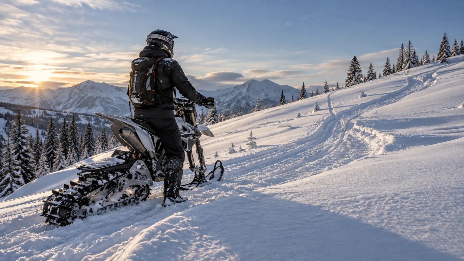 A helmeted rider stands beside a tracked snow bike on a snowy mountainside at sunrise, looking toward a set of tracks climbing through powder among evergreen trees and distant peaks.
