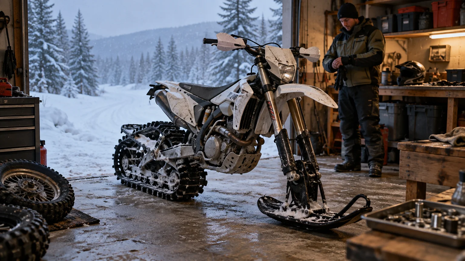 A snow-covered dirt bike fitted with a rear track and front ski sits in an open garage, with spare wheels on the floor and a person preparing gear beside a snowy forest outside.