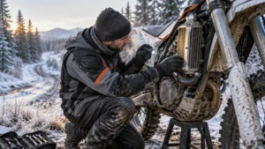 A rider in winter gear uses a small flashlight while inspecting the exposed radiator and hoses of a mud-splattered off-road motorcycle beside a snowy forest trail.