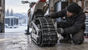 Mechanic kneels beside a snow-bike track in a workshop, using a metal ruler to inspect the snow-dusted tread; snowy trees and a trailer are visible outside the open door.