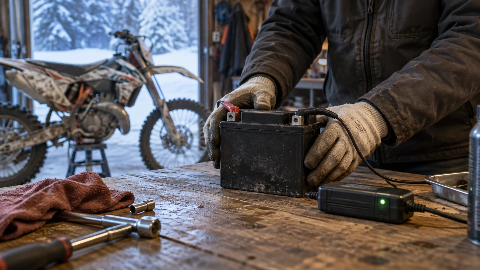 Gloved person connecting a compact black battery to a charger on a workbench inside a garage, with a dirt bike and snowy trees visible outside.