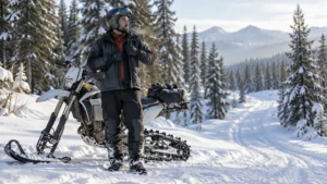 Helmeted rider in a dark winter jacket adjusts his outer layer beside a snow-converted dirt bike on a snowy forest trail, with mountains in the background.