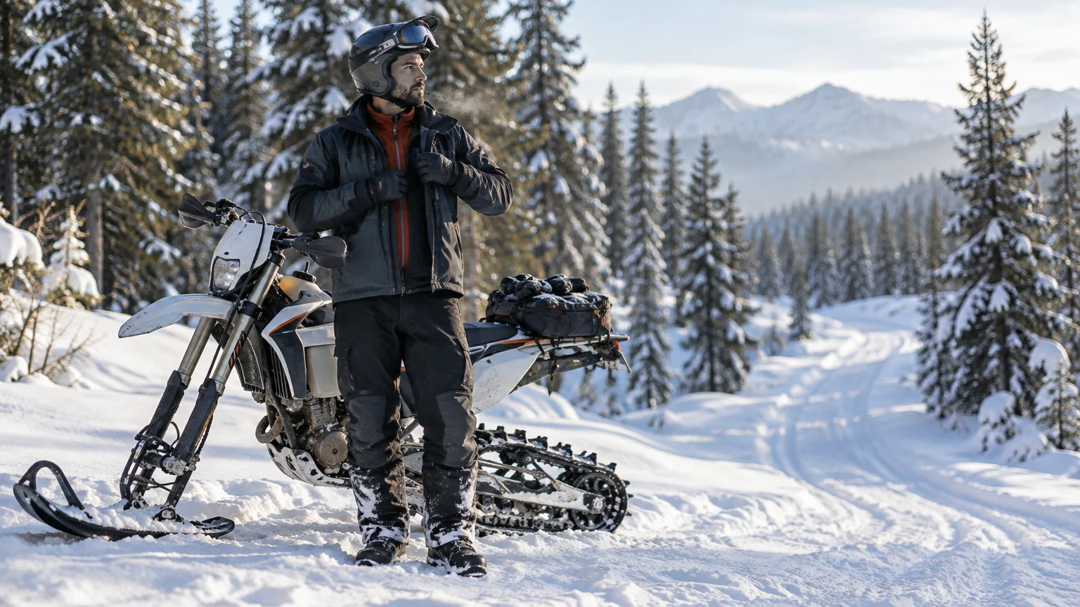 Helmeted rider in a dark winter jacket adjusts his outer layer beside a snow-converted dirt bike on a snowy forest trail, with mountains in the background.