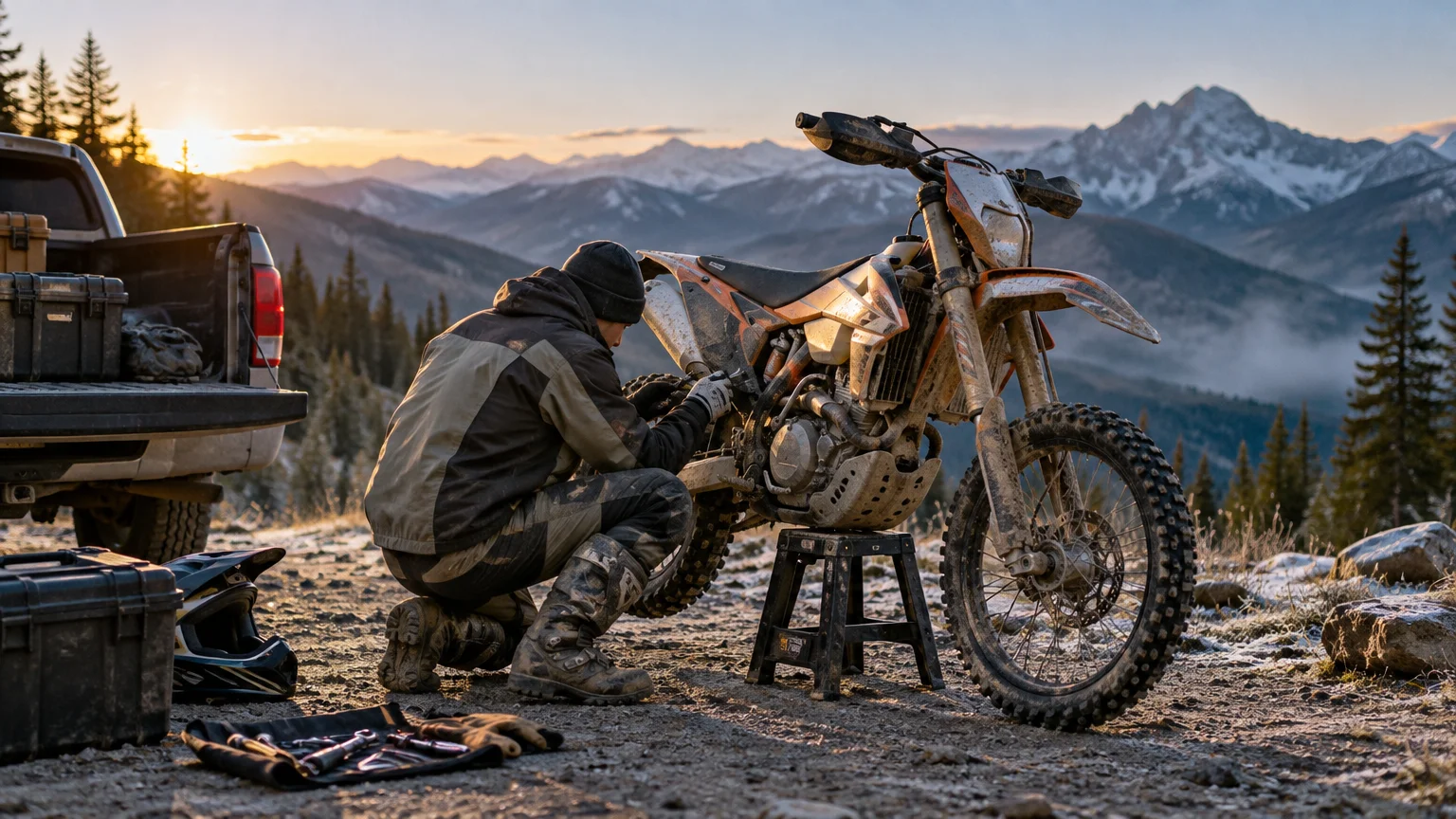 Rider in cold-weather gear adjusts a mud-splattered dirt bike on a stand beside a pickup truck, with snowy mountain peaks and sunrise in the background.