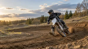 Helmeted dirt-bike rider leans through a rutted berm on a forest motocross track at sunset, kicking up dirt.