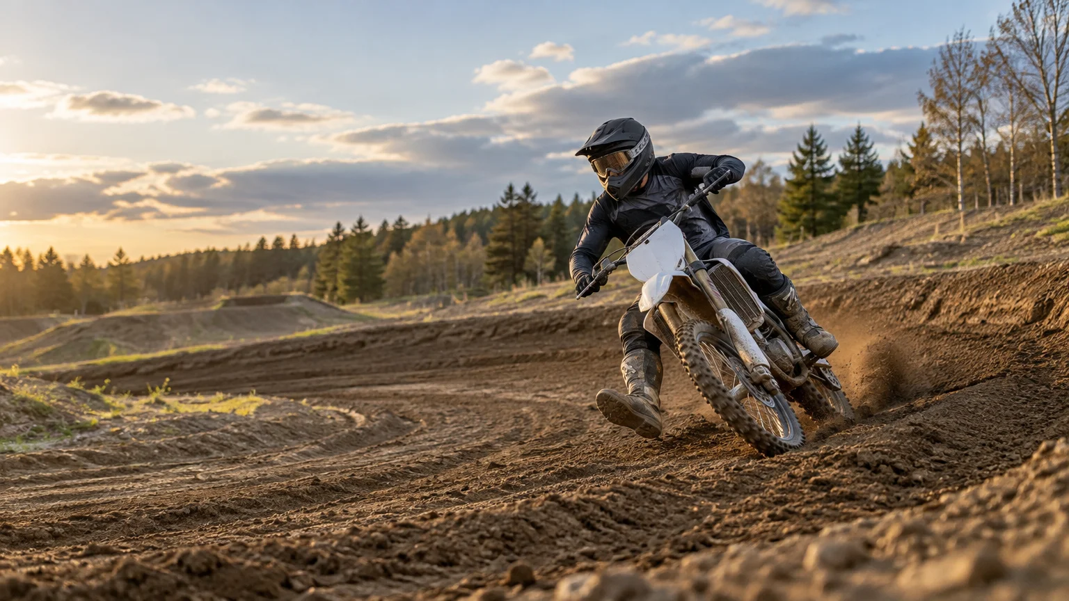 Helmeted dirt-bike rider leans through a rutted berm on a forest motocross track at sunset, kicking up dirt.