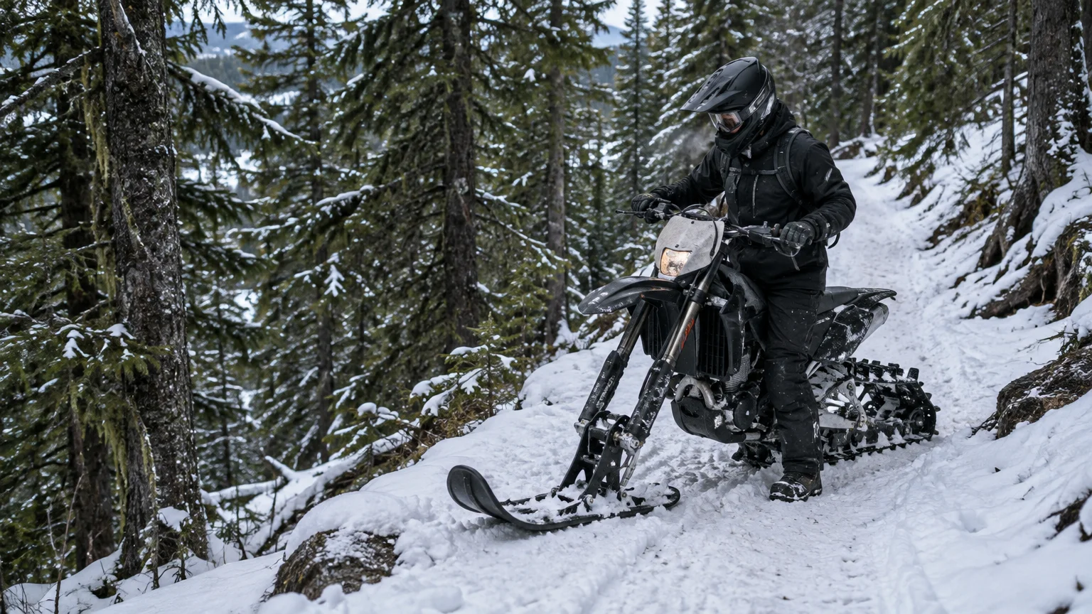 Helmeted rider guiding a tracked snow motorcycle along a narrow, snow-covered forest trail beside a steep wooded slope.