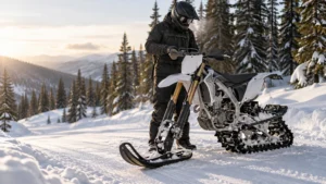 Helmeted rider standing beside a white dirt bike converted for snow travel, with a front ski and rear track on a snowy forest trail at sunset.
