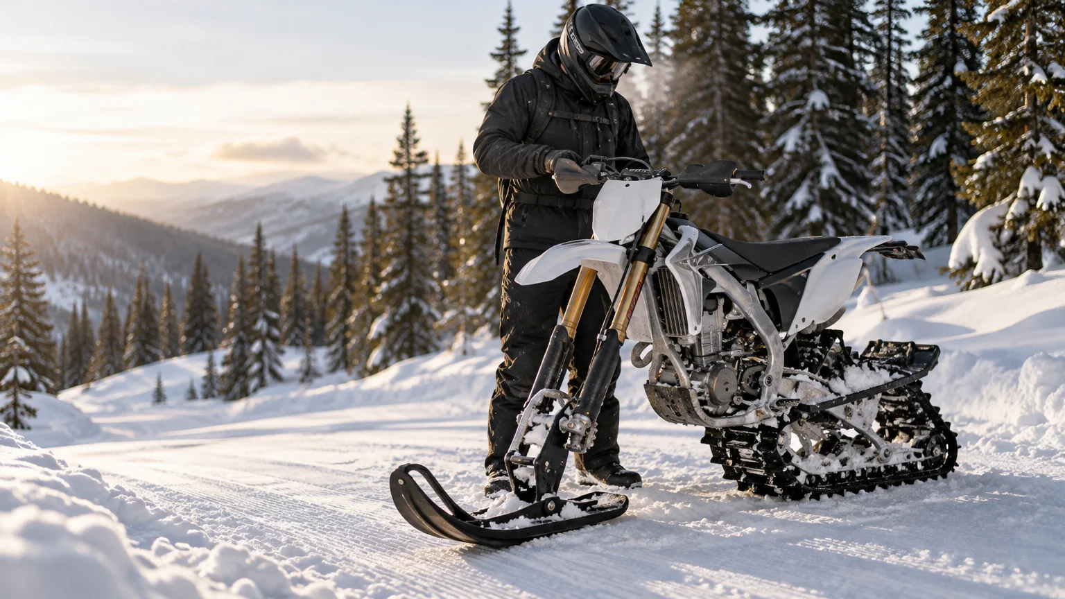 Helmeted rider standing beside a white dirt bike converted for snow travel, with a front ski and rear track on a snowy forest trail at sunset.