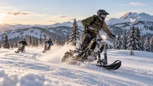 Three helmeted riders steer snow bikes across a snowy mountain meadow, kicking up powder among pine trees and sunlit peaks.