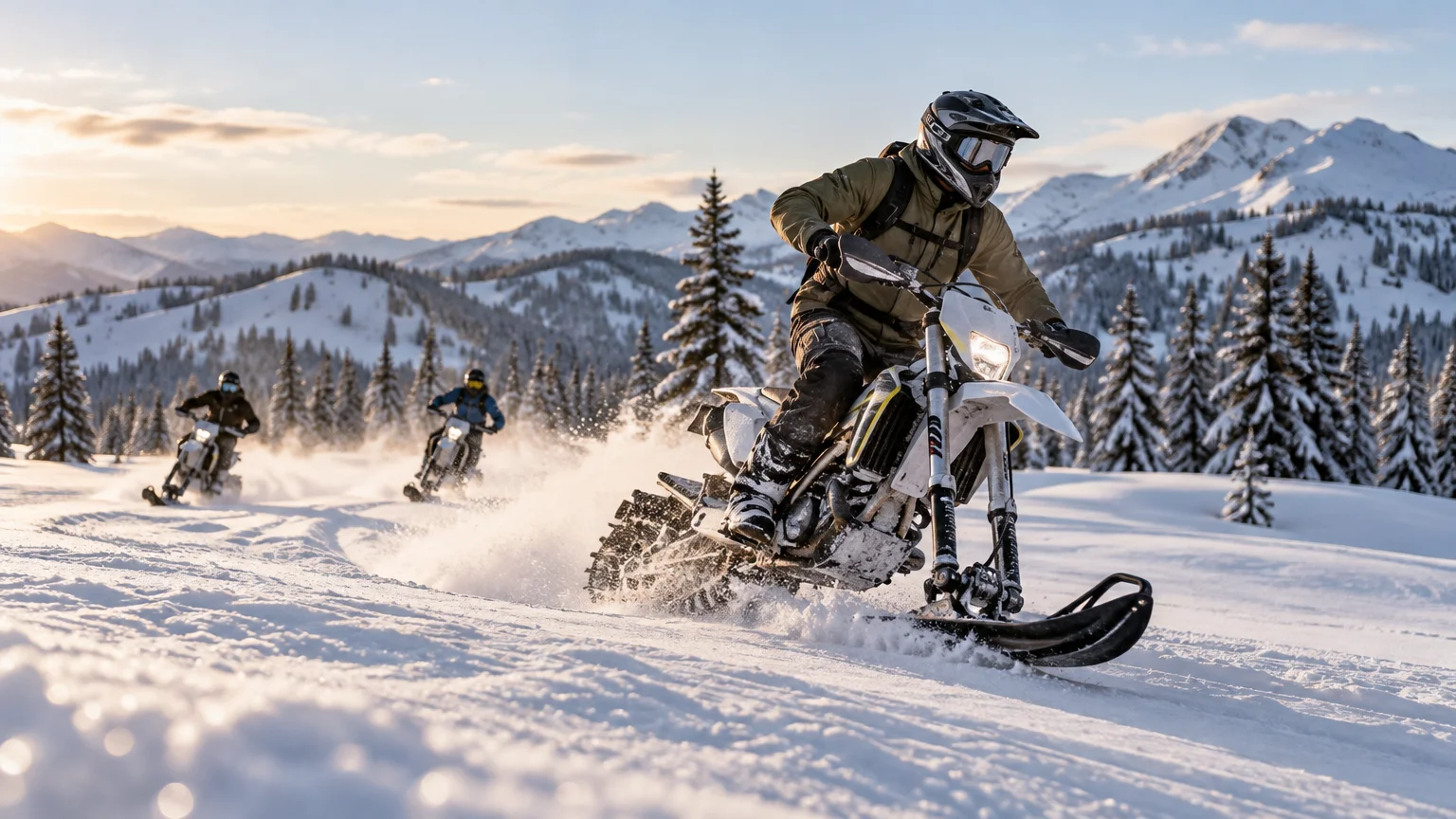 Three helmeted riders steer snow bikes across a snowy mountain meadow, kicking up powder among pine trees and sunlit peaks.